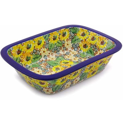 Polish Pottery Rectangular Baker 10" Country Sunflower UNIKAT