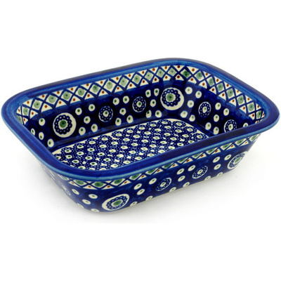 Polish Pottery Rectangular Baker 10" Diamond Peacock