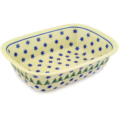 Polish Pottery Rectangular Baker 10" Evergreen Snowflakes