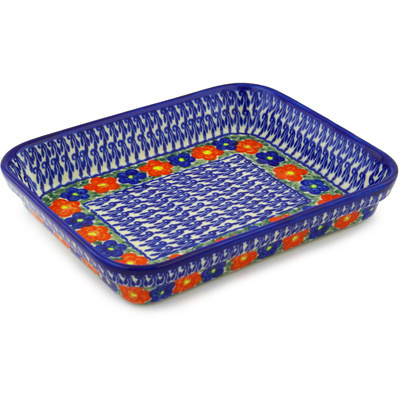 Polish Pottery Rectangular Baker 10" Floral Burst