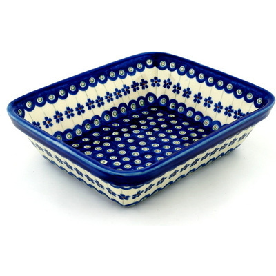 Polish Pottery Rectangular Baker 10&quot; Flowering Peacock