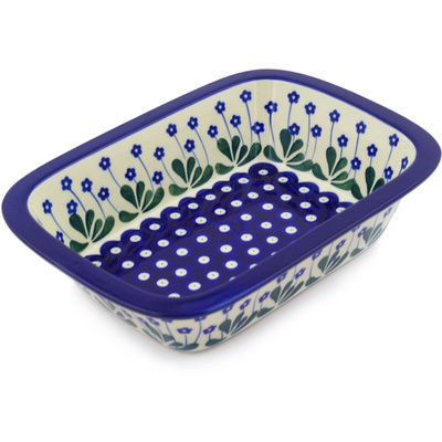 Polish Pottery Rectangular Baker 10" Forget-me-not Peacock