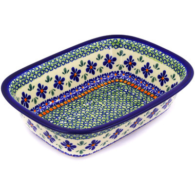 Polish Pottery Rectangular Baker 10&quot; Gingham Flowers