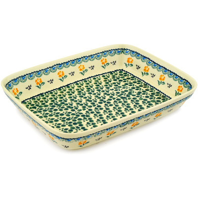 Polish Pottery Rectangular Baker 10&quot; Green Bubbles