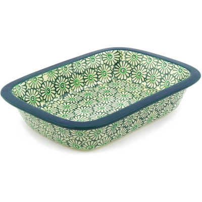 Polish Pottery Rectangular Baker 10" Green Daisies