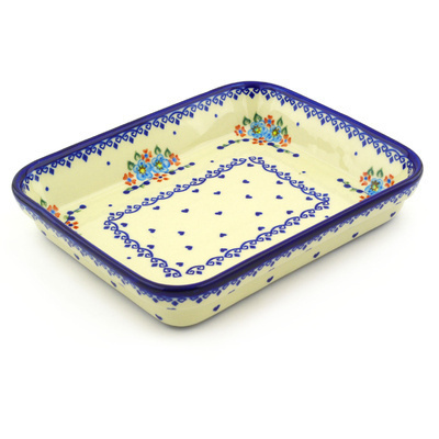 Polish Pottery Rectangular Baker 10&quot; Hearts And Flowers