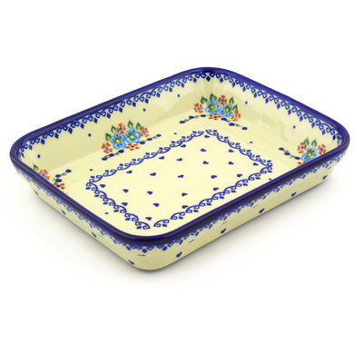 Polish Pottery Rectangular Baker 10" Hearts And Flowers