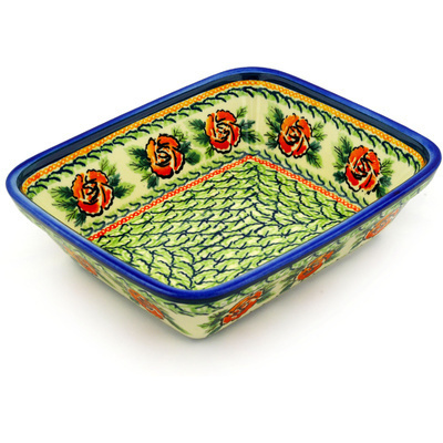 Polish Pottery Rectangular Baker 10" Holly Rose UNIKAT