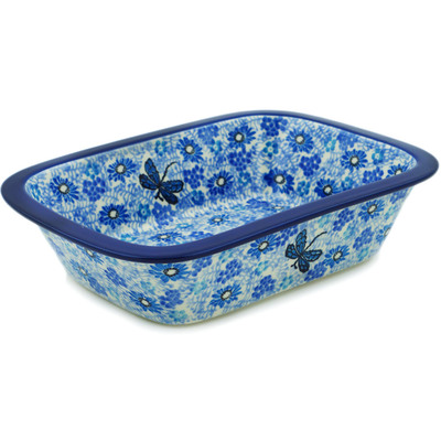 Polish Pottery Rectangular Baker 10" Light Blue Misty Dragonfly