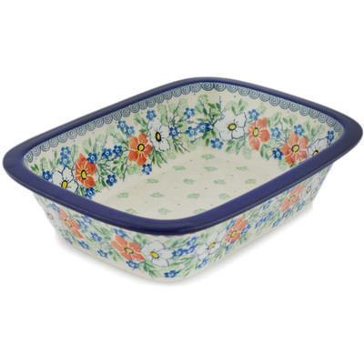 Polish Pottery Rectangular Baker 10" Lovely Hibiscus UNIKAT