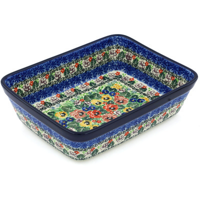 Polish Pottery Rectangular Baker 10&quot; Pansy Garden UNIKAT