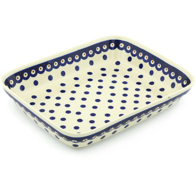 Polish Pottery Rectangular Baker 10" Peacock Dots