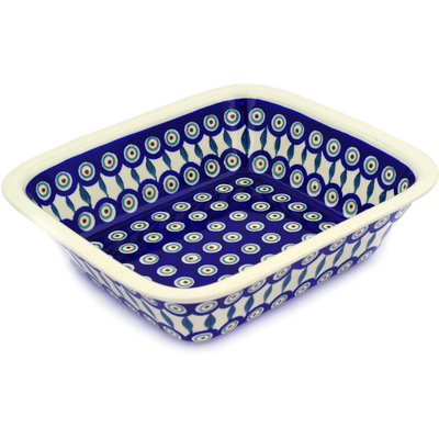 Polish Pottery Rectangular Baker 10" Peacock Leaves