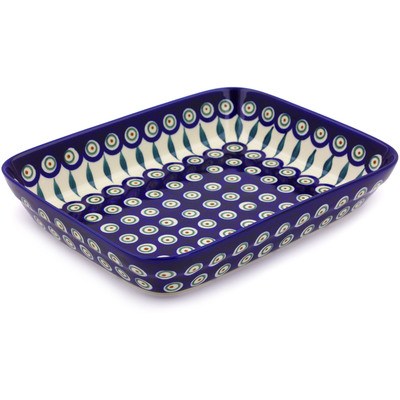 Polish Pottery Rectangular Baker 10" Peacock Leaves