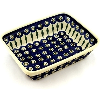 Polish Pottery Rectangular Baker 10" Peacock Leaves