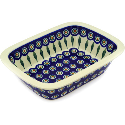 Polish Pottery Rectangular Baker 10" Peacock Leaves
