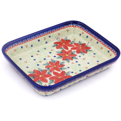 Polish Pottery Rectangular Baker 10&quot; Poinsettia UNIKAT