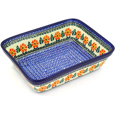 Polish Pottery Rectangular Baker 10&quot; Poppy Inferno