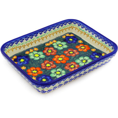 Polish Pottery Rectangular Baker 10&quot; Rainbow Poppies UNIKAT