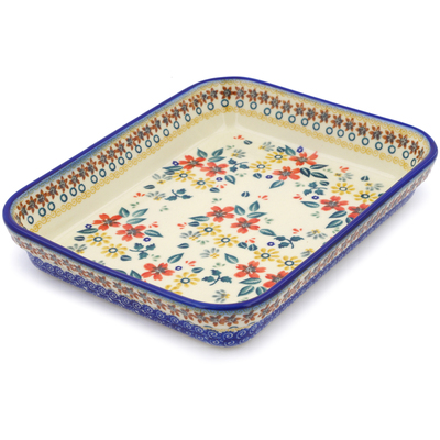 Polish Pottery Rectangular Baker 10" Red Anemone Meadow UNIKAT