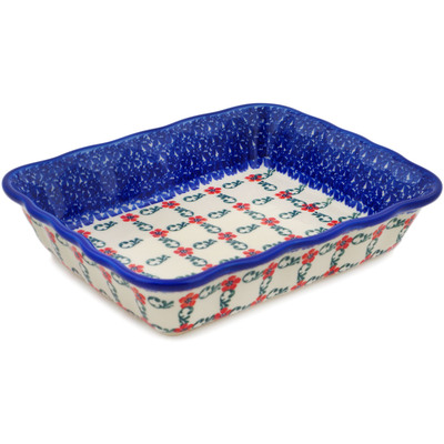 Polish Pottery Rectangular Baker 10&quot; Red Flower Lattice
