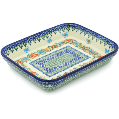 Polish Pottery Rectangular Baker 10&quot; Ring Of Flowers UNIKAT