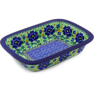 Polish Pottery Rectangular Baker 10&quot; Sapphire Pansies UNIKAT