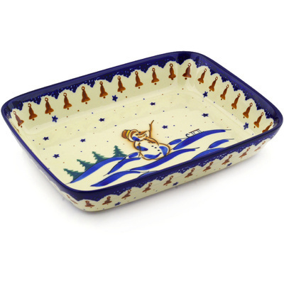 Polish Pottery Rectangular Baker 10" Snowman Bells