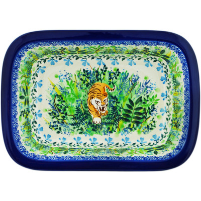 Polish Pottery Rectangular Baker 10&quot; Tiger Green Jungle UNIKAT