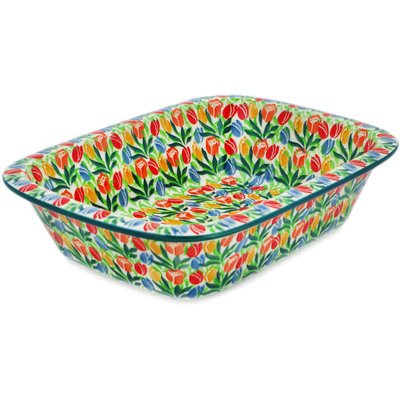 Polish Pottery Rectangular Baker 10" Tulip Cascade UNIKAT