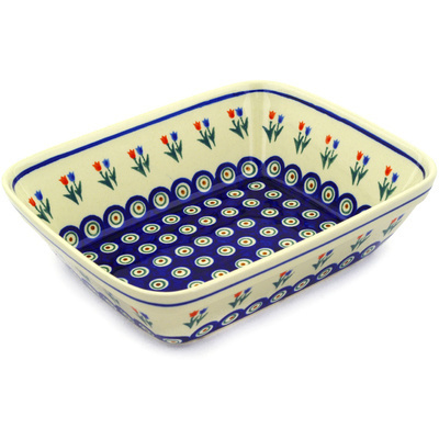 Polish Pottery Rectangular Baker 10&quot; Tulip Pair Peacock