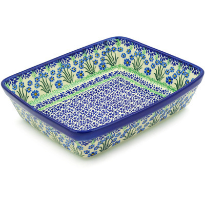 Polish Pottery Rectangular Baker 11" Blue April Showers