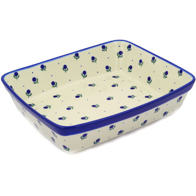 Polish Pottery Rectangular Baker 11" Blue Buds