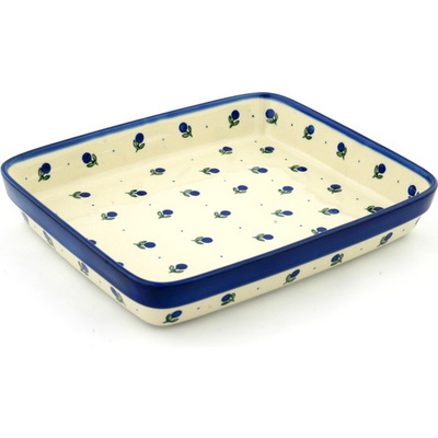 Polish Pottery Rectangular Baker 11" Blue Buds
