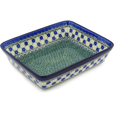 Polish Pottery Rectangular Baker 11" Blue Daisies