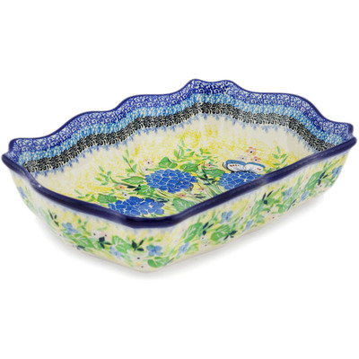 Polish Pottery Rectangular Baker 11" Blue Hydrangea UNIKAT