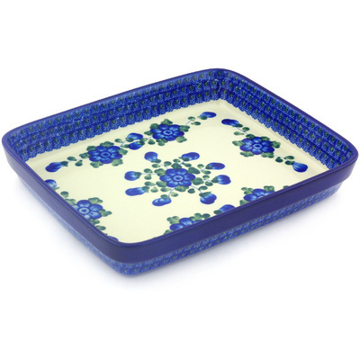 Polish Pottery Rectangular Baker 11" Blue Poppies