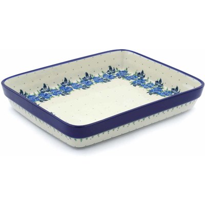 Polish Pottery Rectangular Baker 11" Blue Rose