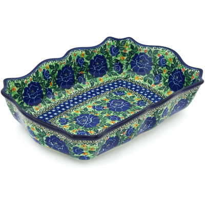 Polish Pottery Rectangular Baker 11&quot; Blue Rose Sweetheart UNIKAT