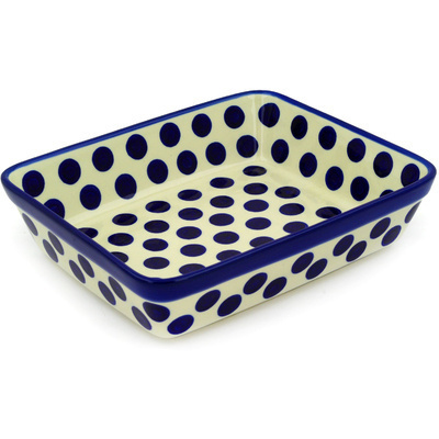 Polish Pottery Rectangular Baker 11" Bold Blue Dots