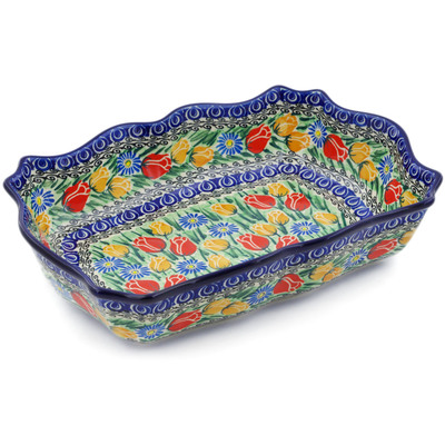 Polish Pottery Rectangular Baker 11&quot; Breathtaking Tulips UNIKAT