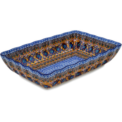 Polish Pottery Rectangular Baker 11&quot; Brown Mardi Gras UNIKAT