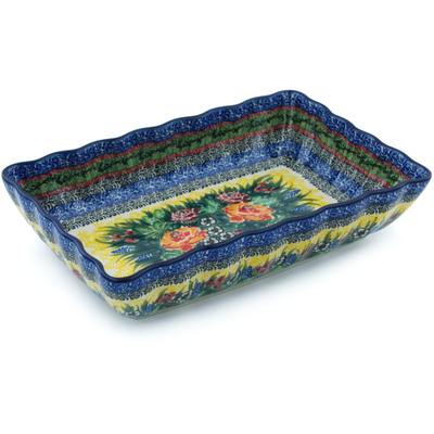 Polish Pottery Rectangular Baker 11&quot; Copper Rose Meadow UNIKAT