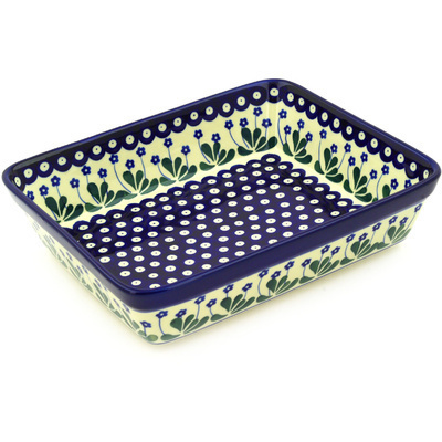 Polish Pottery Rectangular Baker 11" Forget-me-not Peacock