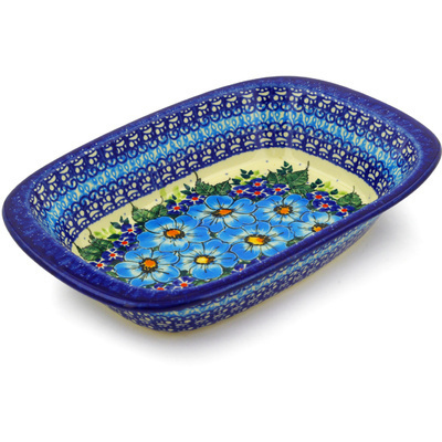 Polish Pottery Rectangular Baker 11" Fountain Blue Garden UNIKAT