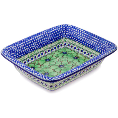 Polish Pottery Rectangular Baker 11&quot; Green Pansies UNIKAT