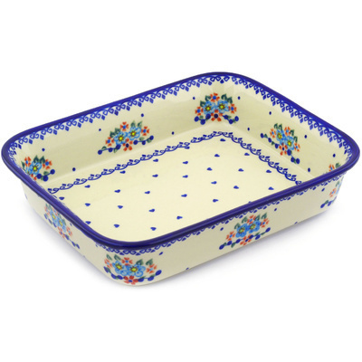 Polish Pottery Rectangular Baker 11" Hearts And Flowers