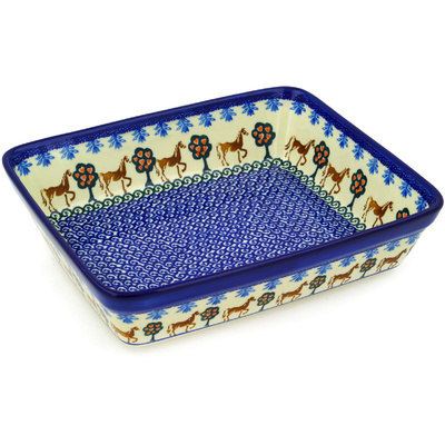 Polish Pottery Rectangular Baker 11" Horse Trot