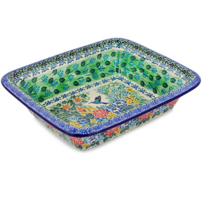 Polish Pottery Rectangular Baker 11" Hummingbird Meadow UNIKAT