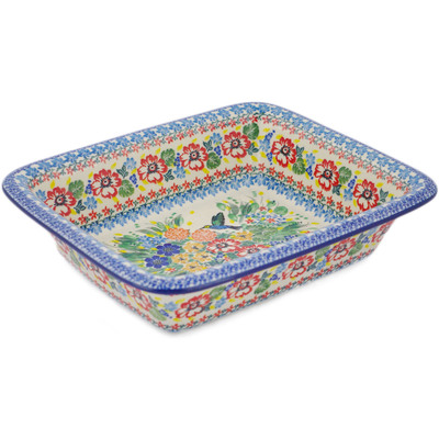 Polish Pottery Rectangular Baker 11" Hummingbird Meadow UNIKAT